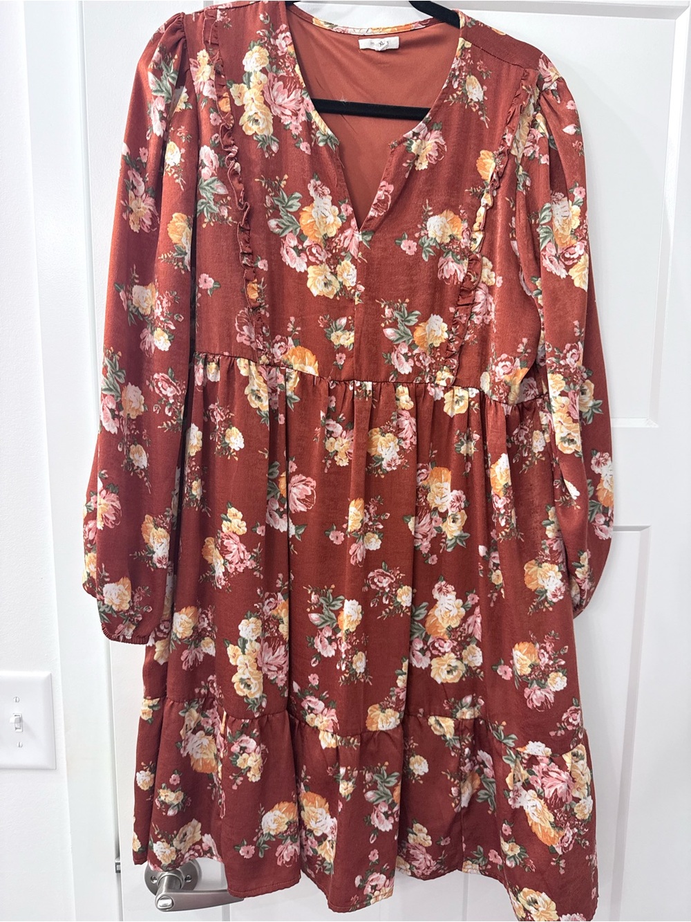 Maurices Burnt Orange Floral Tiered Long Sleeve Dress